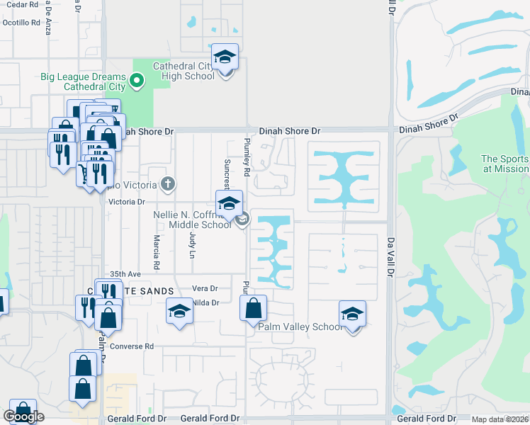 map of restaurants, bars, coffee shops, grocery stores, and more near 69581 Antonia Way in Rancho Mirage