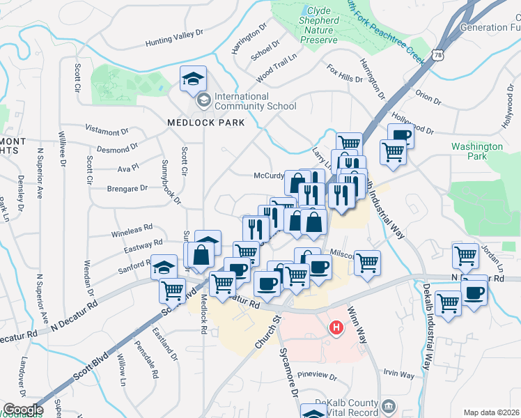 map of restaurants, bars, coffee shops, grocery stores, and more near 615 Tuxworth Circle in Decatur