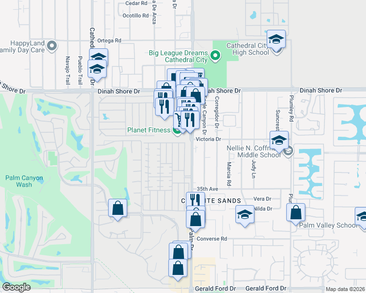 map of restaurants, bars, coffee shops, grocery stores, and more near 392 Standing Bear in Cathedral City