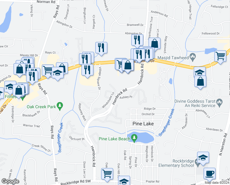 map of restaurants, bars, coffee shops, grocery stores, and more near 685 Windchase Lane in Stone Mountain