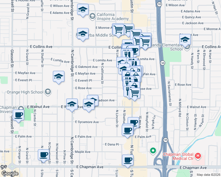 map of restaurants, bars, coffee shops, grocery stores, and more near 1402 East Rose Avenue in Orange