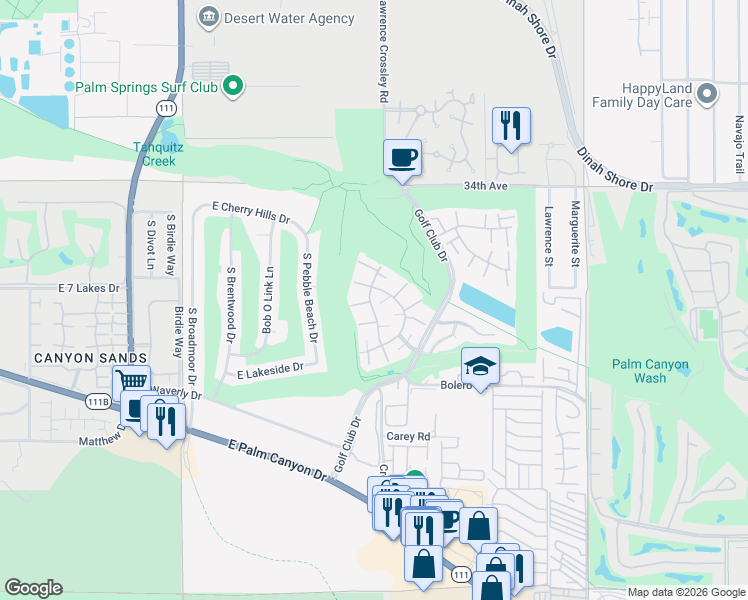 map of restaurants, bars, coffee shops, grocery stores, and more near 2302 Los Patos Drive in Palm Springs