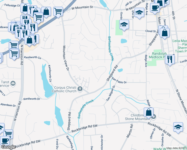 map of restaurants, bars, coffee shops, grocery stores, and more near 707 Stoneside Drive in Stone Mountain