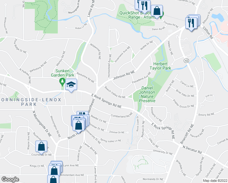map of restaurants, bars, coffee shops, grocery stores, and more near 1216 Beech Valley Road Northeast in Atlanta