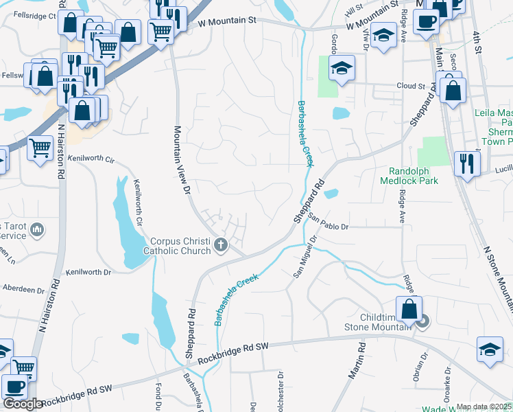map of restaurants, bars, coffee shops, grocery stores, and more near 707 Stoneside Drive in Stone Mountain