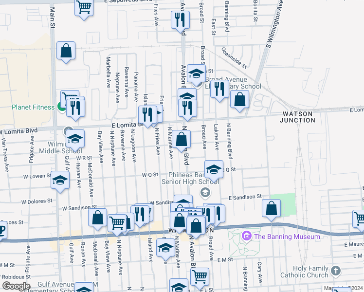 map of restaurants, bars, coffee shops, grocery stores, and more near 6 West R Street in Los Angeles