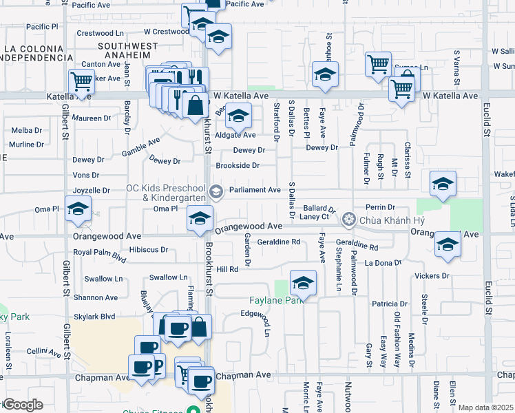 map of restaurants, bars, coffee shops, grocery stores, and more near 11381 Park Lane in Garden Grove