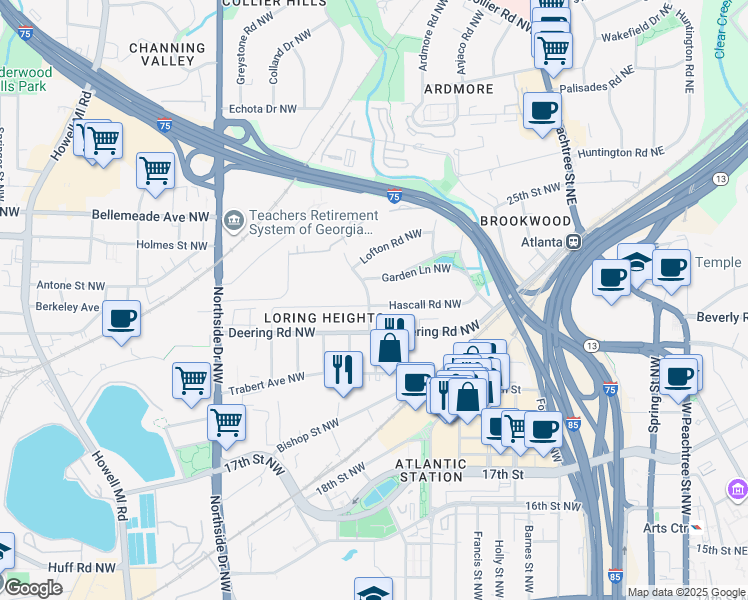 map of restaurants, bars, coffee shops, grocery stores, and more near 399 Hascall Road Northwest in Atlanta