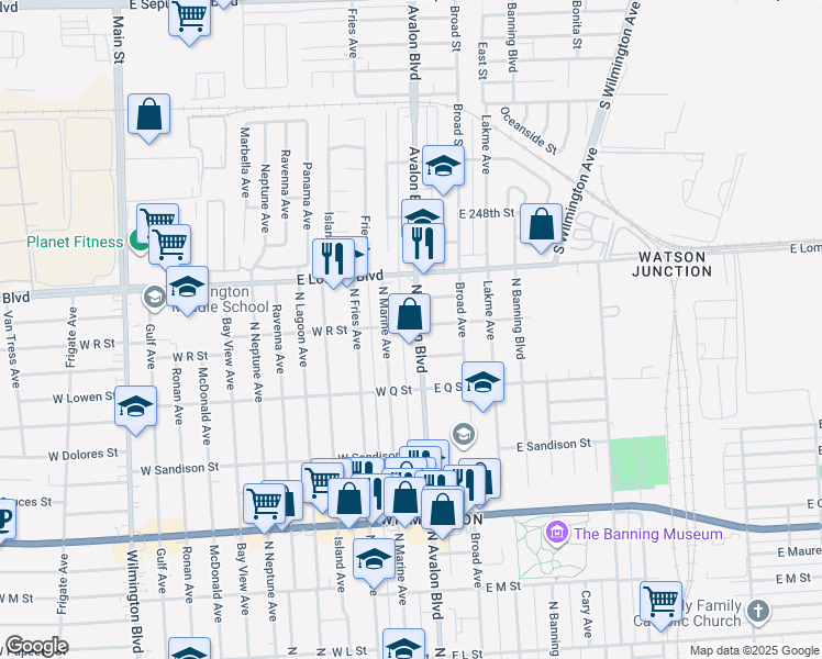 map of restaurants, bars, coffee shops, grocery stores, and more near 6 West R Street in Los Angeles