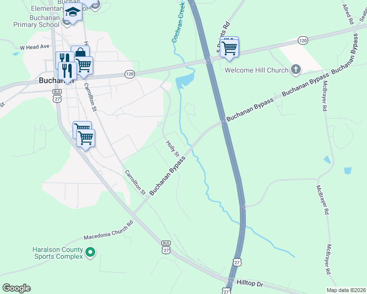 map of restaurants, bars, coffee shops, grocery stores, and more near 33 Weaver Street in Buchanan