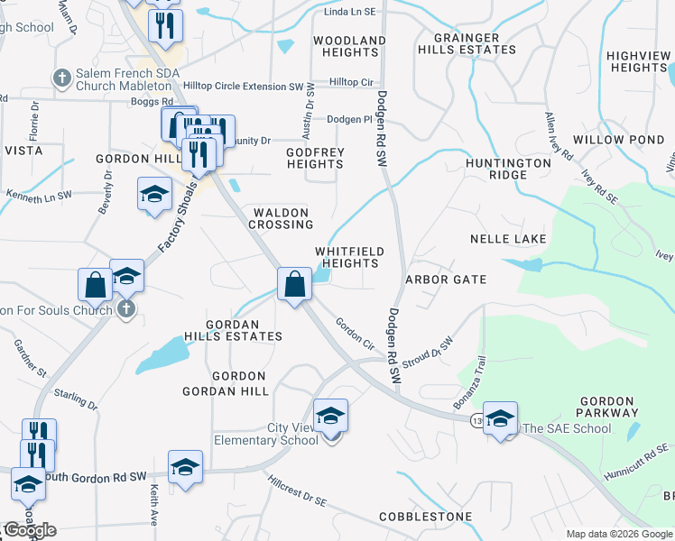 map of restaurants, bars, coffee shops, grocery stores, and more near 6431 Piney Circle Southwest in Mableton