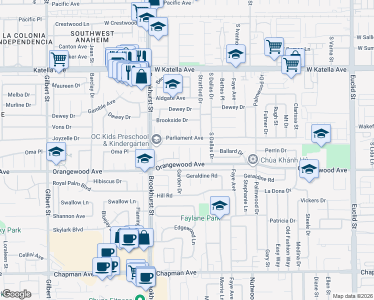 map of restaurants, bars, coffee shops, grocery stores, and more near 11381 Park Lane in Garden Grove