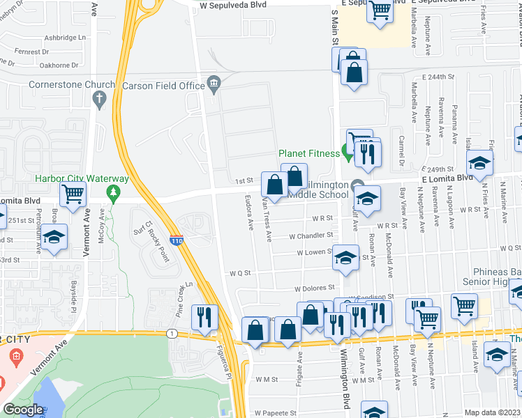 map of restaurants, bars, coffee shops, grocery stores, and more near 1723 Van Tress Avenue in Los Angeles