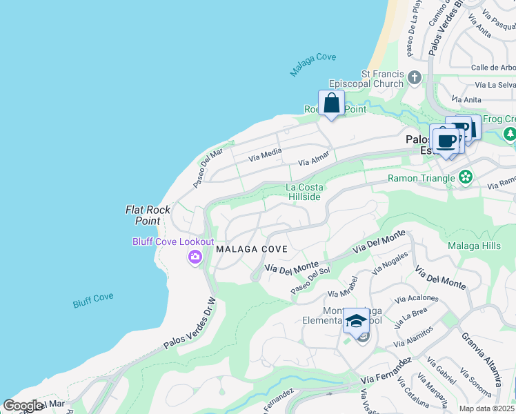 map of restaurants, bars, coffee shops, grocery stores, and more near 1661 Vía Arriba in Palos Verdes Estates