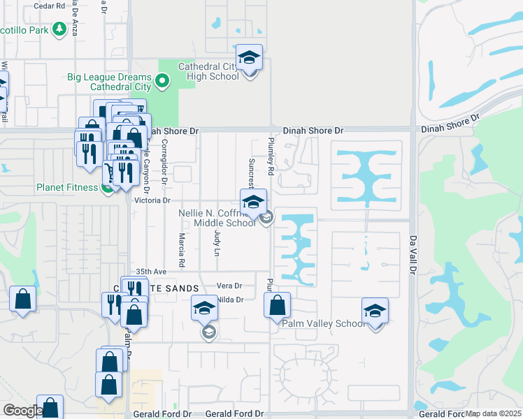 map of restaurants, bars, coffee shops, grocery stores, and more near 34603 Plumley Road in Cathedral City