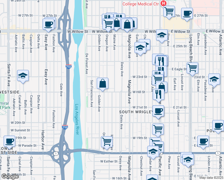 map of restaurants, bars, coffee shops, grocery stores, and more near 2250 Maine Avenue in Long Beach