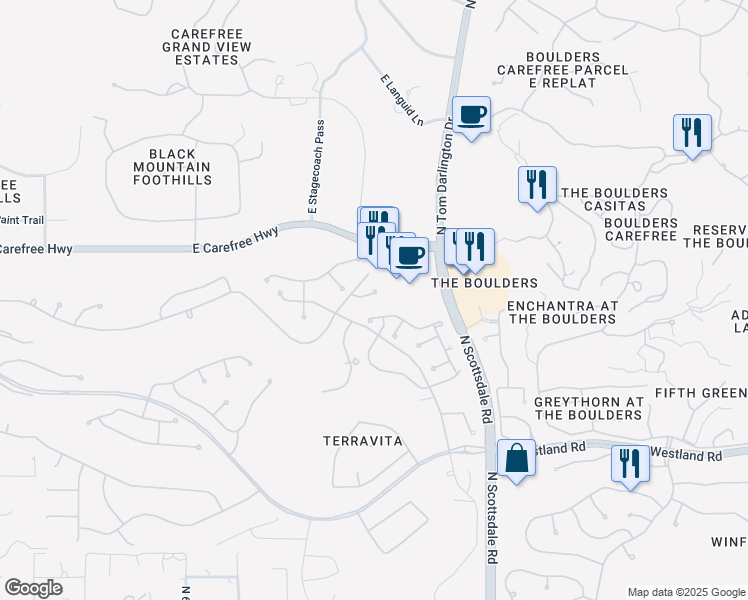 map of restaurants, bars, coffee shops, grocery stores, and more near 6950 East Purple Shade Circle in Scottsdale