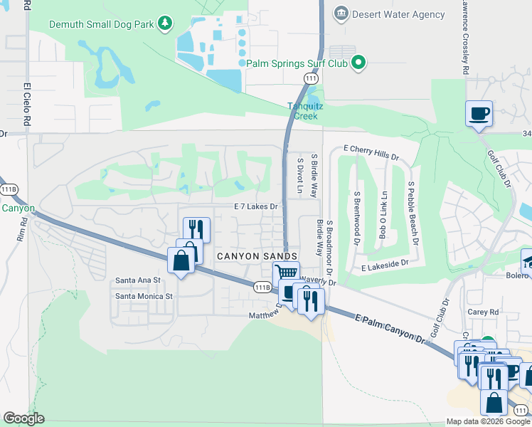 map of restaurants, bars, coffee shops, grocery stores, and more near 2240 East Miramonte Circle in Palm Springs