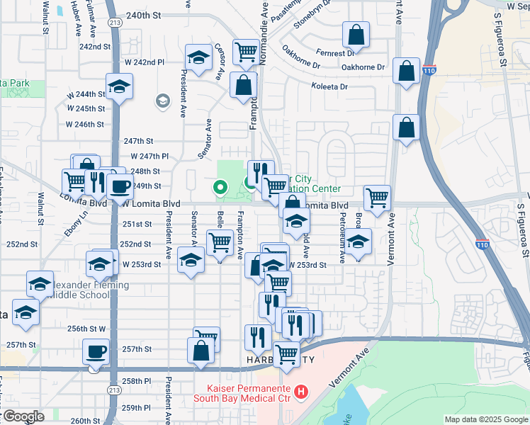 map of restaurants, bars, coffee shops, grocery stores, and more near 24828 Frampton Avenue in West Carson