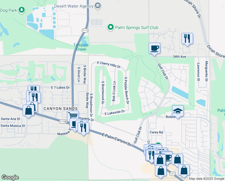 map of restaurants, bars, coffee shops, grocery stores, and more near 170 North Palm Canyon Drive in Palm Springs