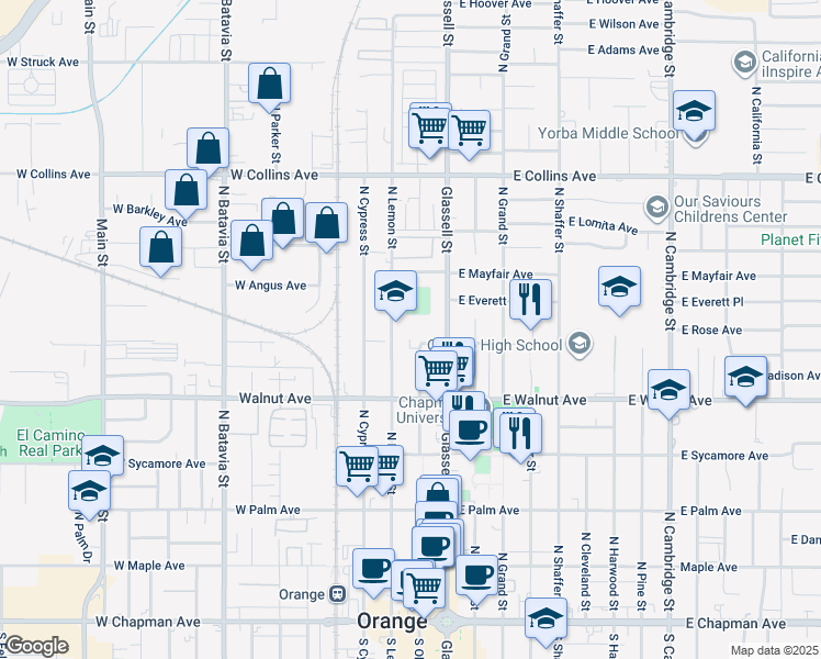 map of restaurants, bars, coffee shops, grocery stores, and more near 615 North Lemon Street in Orange
