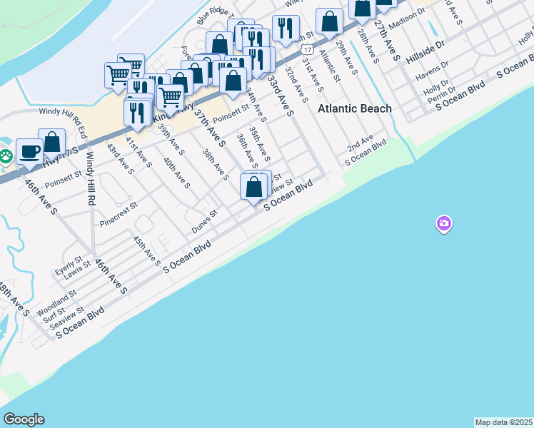 map of restaurants, bars, coffee shops, grocery stores, and more near 3602 South Ocean Boulevard in North Myrtle Beach