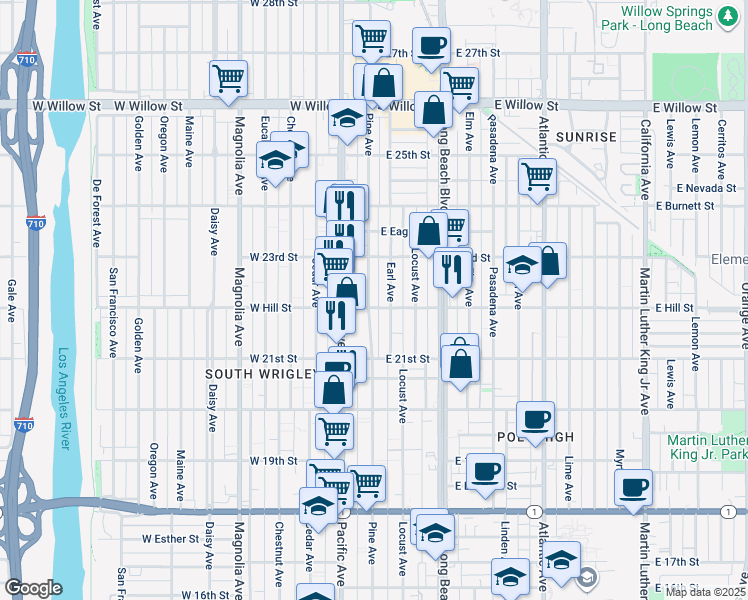 map of restaurants, bars, coffee shops, grocery stores, and more near 2250 Pine Avenue in Long Beach