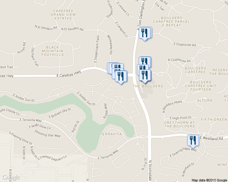 map of restaurants, bars, coffee shops, grocery stores, and more near 6950 East Purple Shade Circle in Scottsdale