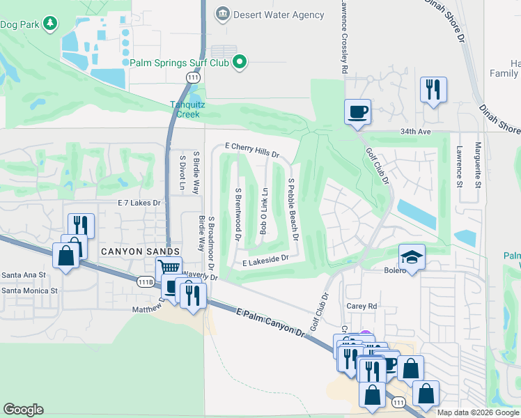 map of restaurants, bars, coffee shops, grocery stores, and more near 2177 Bob O Link Lane in Palm Springs