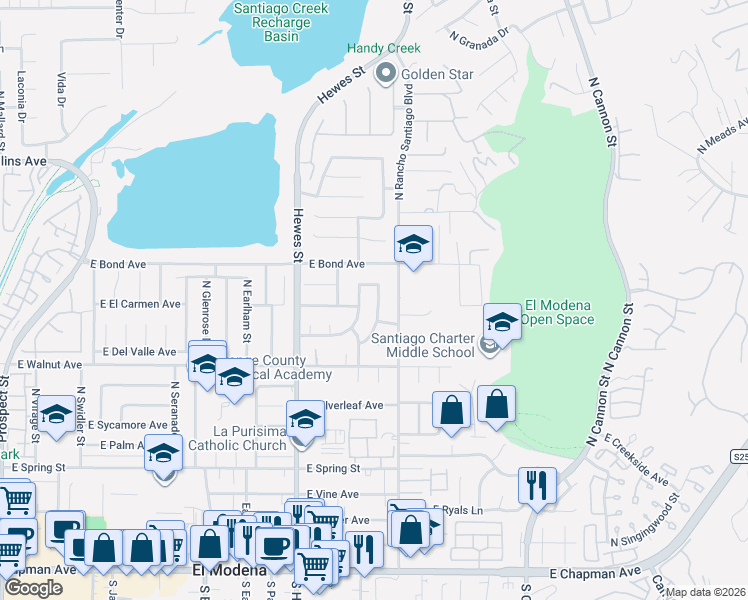 map of restaurants, bars, coffee shops, grocery stores, and more near 4747 East El Salvador Avenue in Orange