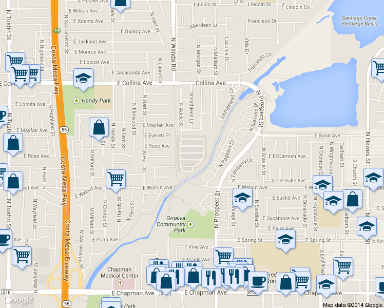 map of restaurants, bars, coffee shops, grocery stores, and more near 692 North Adele Street in Orange