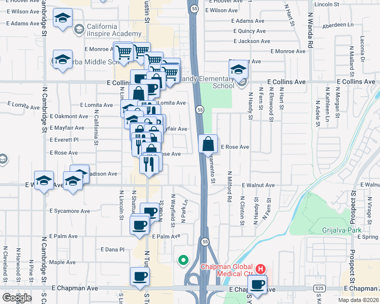 map of restaurants, bars, coffee shops, grocery stores, and more near 660 North Highland Street in Orange
