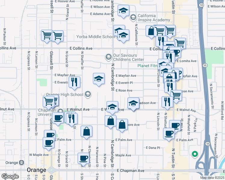 map of restaurants, bars, coffee shops, grocery stores, and more near 650 North Cambridge Street in Orange