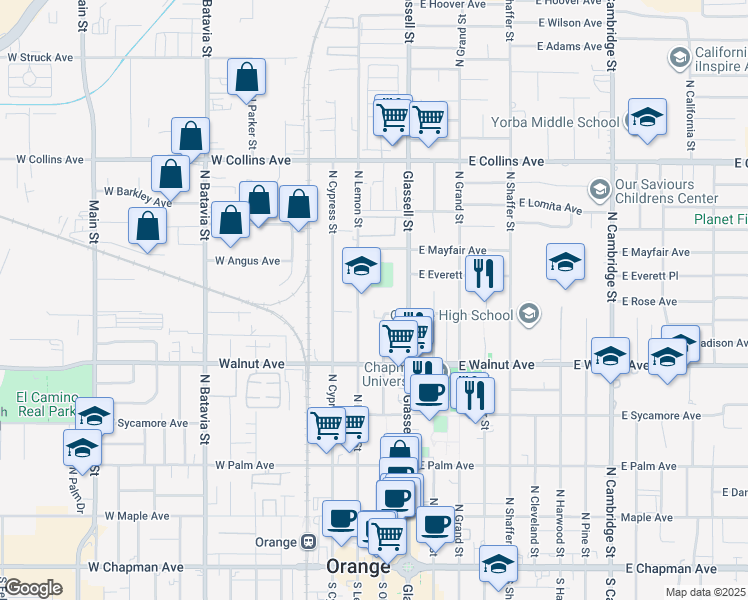 map of restaurants, bars, coffee shops, grocery stores, and more near 615a North Lemon Street in Orange