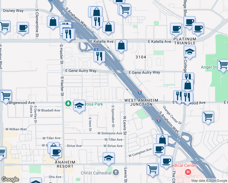 map of restaurants, bars, coffee shops, grocery stores, and more near 2001 South Manchester Avenue in Anaheim