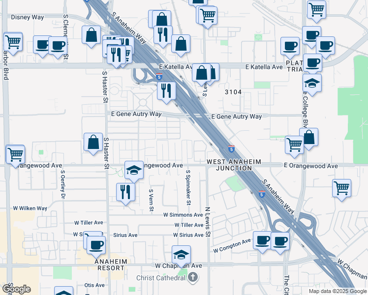 map of restaurants, bars, coffee shops, grocery stores, and more near 1933 South Manchester Avenue in Anaheim