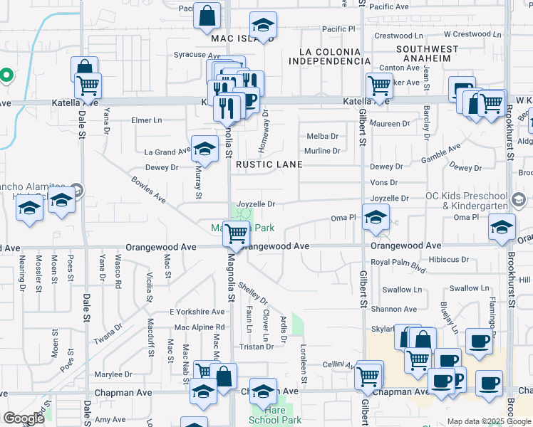 map of restaurants, bars, coffee shops, grocery stores, and more near 9121 Joyzelle Drive in Garden Grove