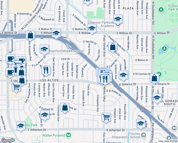 map of restaurants, bars, coffee shops, grocery stores, and more near 2264 Carfax Avenue in Long Beach