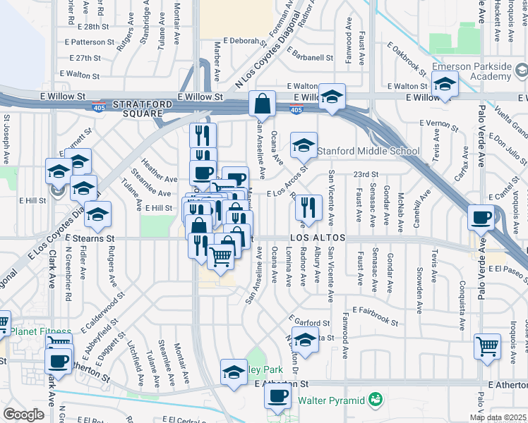 map of restaurants, bars, coffee shops, grocery stores, and more near 2266 Ocana Avenue in Long Beach