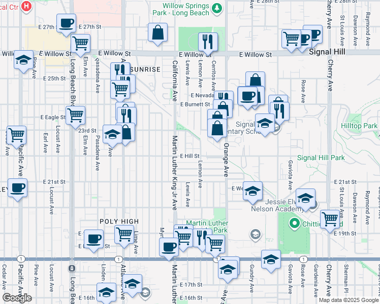 map of restaurants, bars, coffee shops, grocery stores, and more near 2239 Lemon Avenue in Long Beach