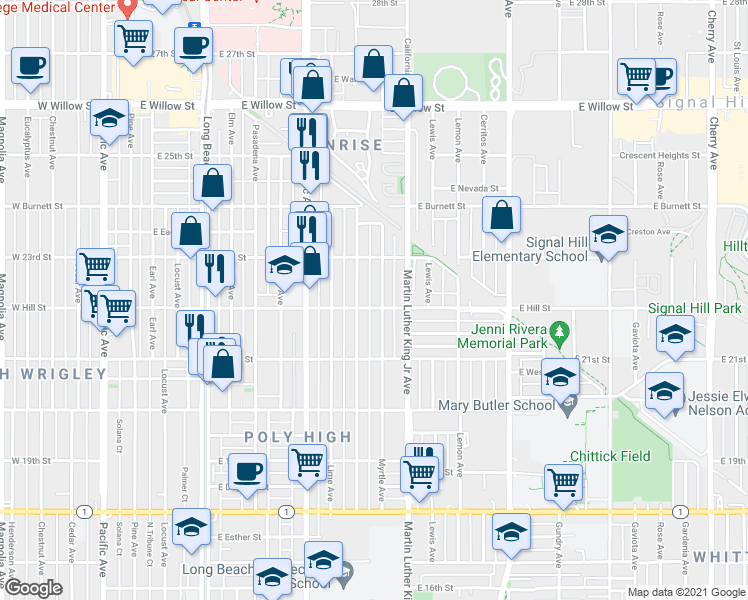 map of restaurants, bars, coffee shops, grocery stores, and more near 2249 Myrtle Avenue in Long Beach