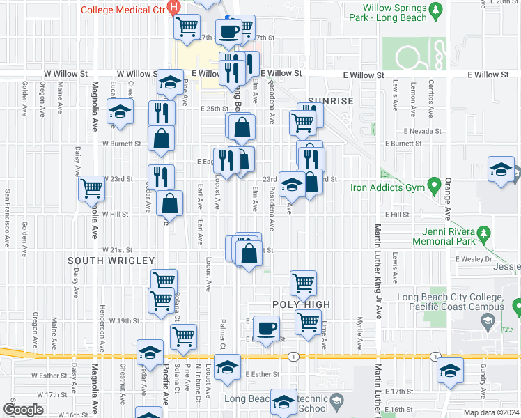map of restaurants, bars, coffee shops, grocery stores, and more near 2242 Elm Avenue in Long Beach