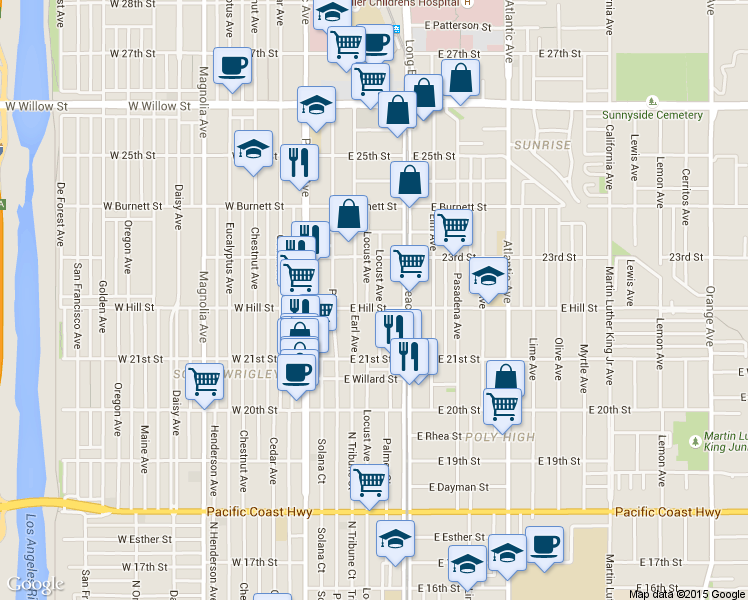 map of restaurants, bars, coffee shops, grocery stores, and more near 2243 Locust Avenue in Long Beach