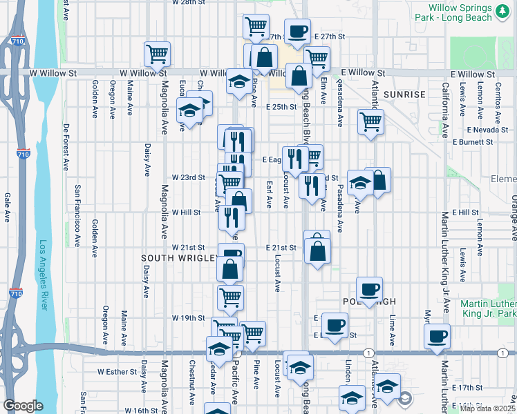 map of restaurants, bars, coffee shops, grocery stores, and more near 2250 Pine Avenue in Long Beach