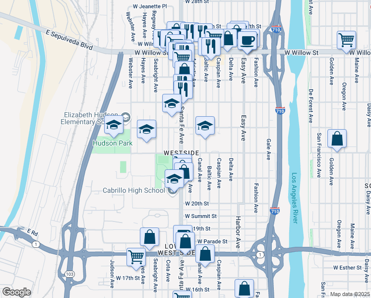 map of restaurants, bars, coffee shops, grocery stores, and more near 2236 Santa Fe Avenue in Long Beach
