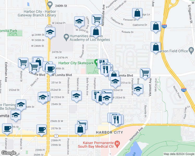 map of restaurants, bars, coffee shops, grocery stores, and more near 24828 Frampton Avenue in West Carson