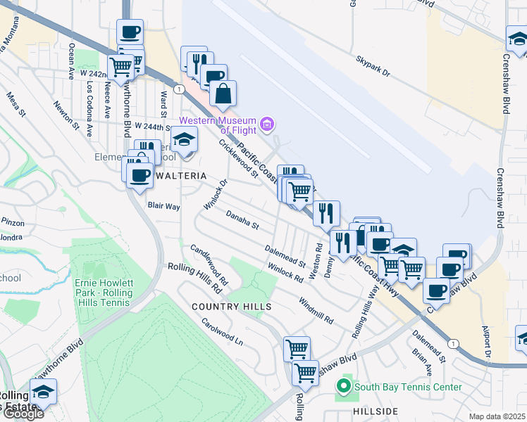 map of restaurants, bars, coffee shops, grocery stores, and more near 24804 Glencoe Way in Torrance
