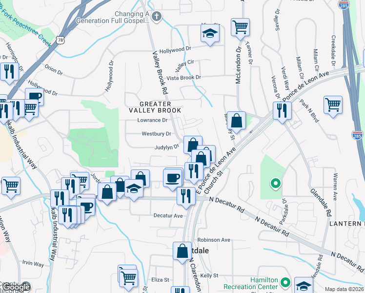 map of restaurants, bars, coffee shops, grocery stores, and more near 696 Valley Brook Road in Decatur