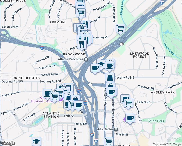 map of restaurants, bars, coffee shops, grocery stores, and more near 1660 Peachtree Road Northwest in Atlanta