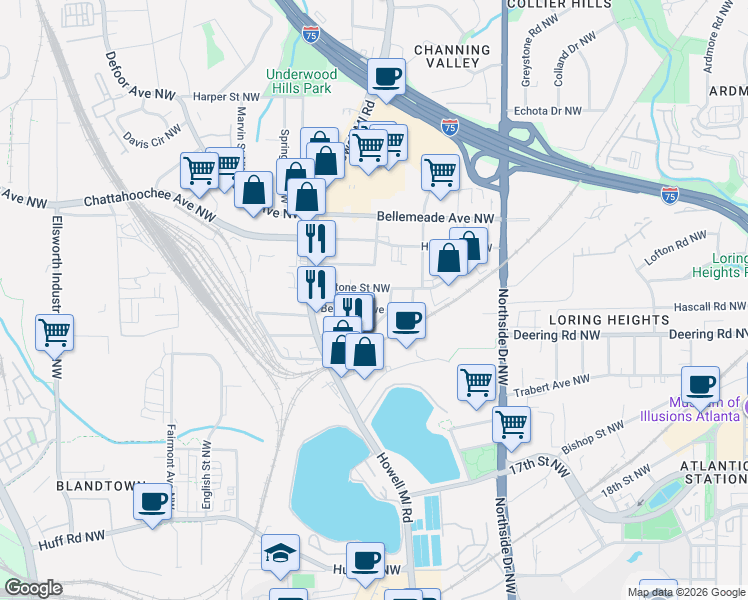 map of restaurants, bars, coffee shops, grocery stores, and more near 777 Antone Street Northwest in Atlanta